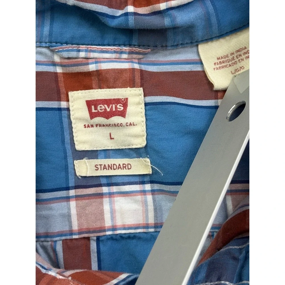 Levis Men's Long Sleeve Plaid Button Down Shirt Blue Orange Standard Fit Large